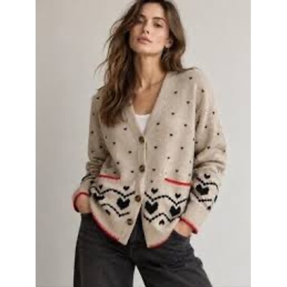 MONROW Fair Isle Heart Cardigan Sweater Oatmeal Black Red Size Small NWT